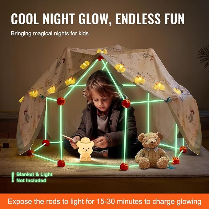 VEVOR Fort Building Kit for Kids, 140PCS Glow in The Dark STEM Building Toys, Educational Gift for 4 5 6 7 8+ Year Old Boys & Girls Indoor Outdoor Kids Fort Building Kit with 96 Rods and 44 Balls