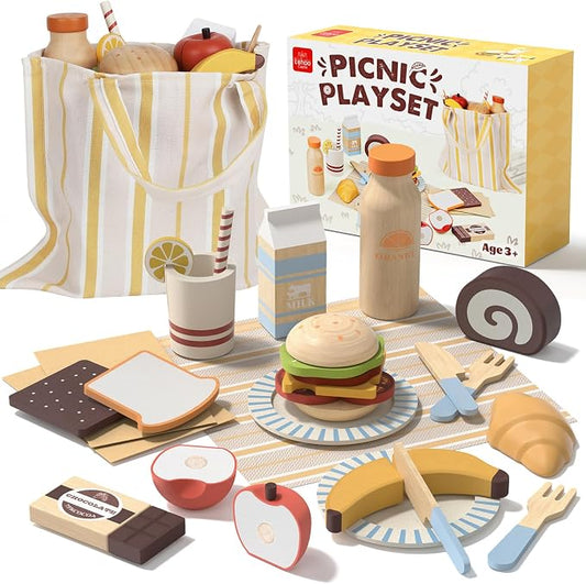 Lehoo Castle Wooden Play Food Set for Toddlers, Play Kitchen Accessories | Pretend Play Cutting Toys, with Storage Bag, Fruits, Hamburger, Plates, Cutlery, Montessori Toys for Girls Boys Kids 3-5