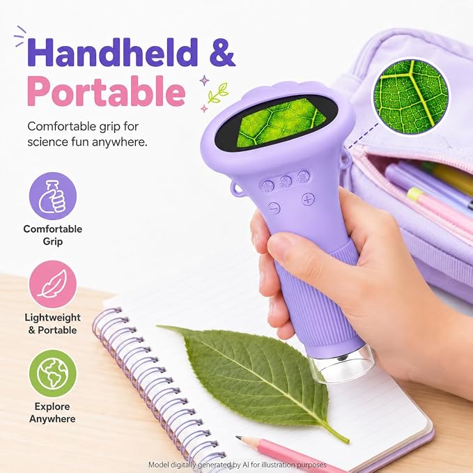1000X Kids Microscope Handheld Camera, 2'' Screen Wonder Quest Microscope Camera for Kids, Educational Magnifying Glass Toy, Christmas Birthday Gifts for Age 3 4 5 6 7 8 9 10 11 12 Girls Boys - Purple
