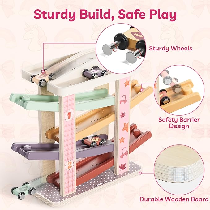 TOP BRIGHT Toddler Toys for 1 Year Old Girl Gifts, Wooden Car Ramp Toys | Includes 4 Cars & Garage, Wooden Ramp Develops Motor Skills, Montessori Learning Toy for Girls 1-3 Years