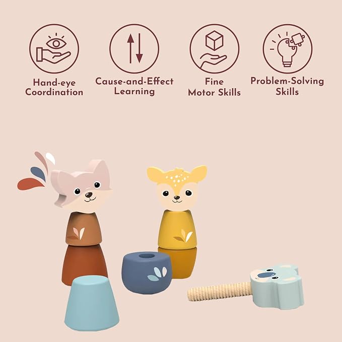 Wooden Screw Toys for Toddlers 24m+ Animal Nuts Bolts Set | animal shapes, screw twist pieces, nuts and bolts for kids, preschool toys, STEM threading problem solving, fine motor, build