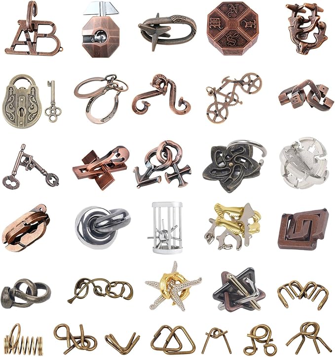 AHYUAN 32Pcs Metal Brain Teaser Puzzles Cast Steel Teasers Puzzle for Kids Teens Magic Puzzles Games Toys IQ Education Smart Logic Test Toy Fidget Toys Party Favors for Kids Adults Challenge