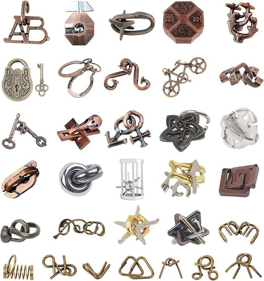 AHYUAN 32Pcs Metal Brain Teaser Puzzles Cast Steel Teasers Puzzle for Kids Teens Magic Puzzles Games Toys IQ Education Smart Logic Test Toy Fidget Toys Party Favors for Kids Adults Challenge