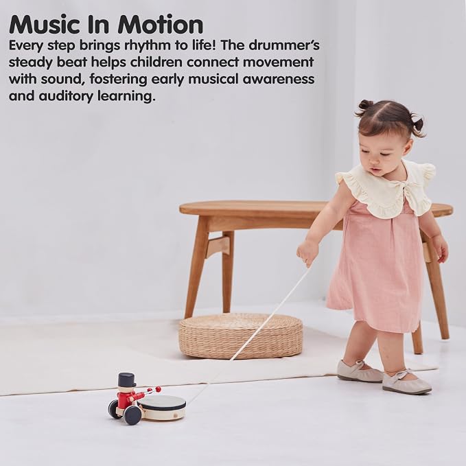 PlanToys® Wooden Pull Along Drummer Musical Toy for Kids Toddler Active Set | rolling wheels, drumming rhythm, baby musical toys, girls, boys, montessori focus coordination learning gift preschool