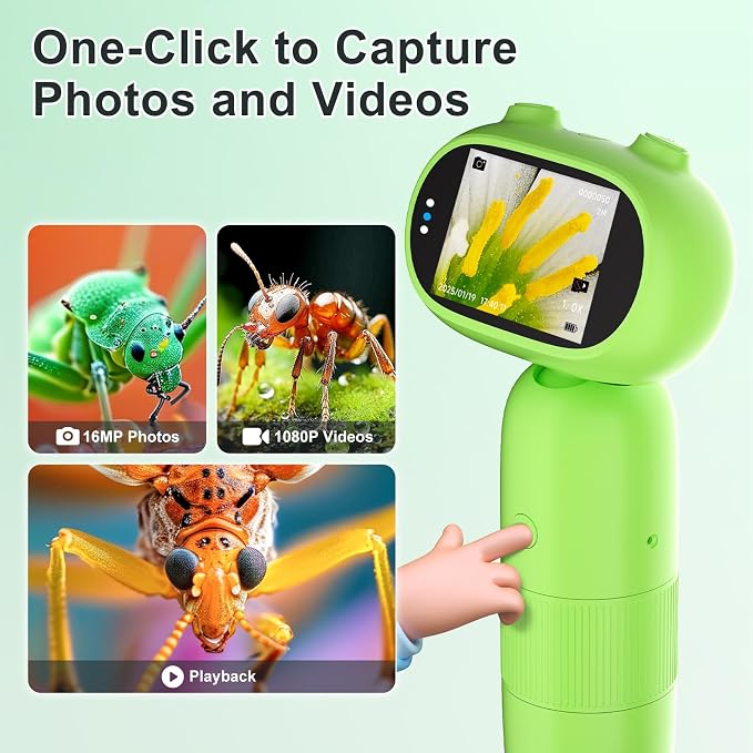 1000X Pocket Microscope for Kids – Railhorn Mini Microscope with 2" LCD Screen, 16MP Camera & 1080P Video, Handheld Magnifier with Light for Coins, Slides & Nature Exploration, STEM Toy for Ages 3-12