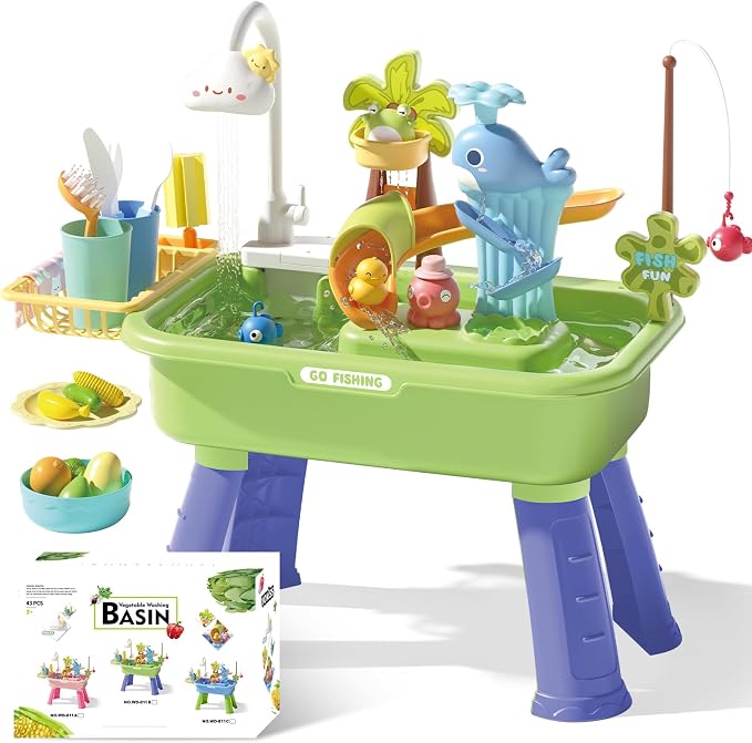 Water Table for Toddlers 1-3 with Pump, Spring-Green | 22Pcs Toy Accessories, 4L Basin, Fishing & Kitchen Sink. Outdoor Sensory Toy for Toddlers 1.5-3