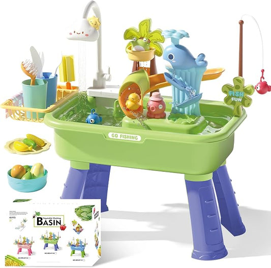 Water Table for Toddlers 1-3 with Pump, Spring-Green | 22Pcs Toy Accessories, 4L Basin, Fishing & Kitchen Sink. Outdoor Sensory Toy for Toddlers 1.5-3