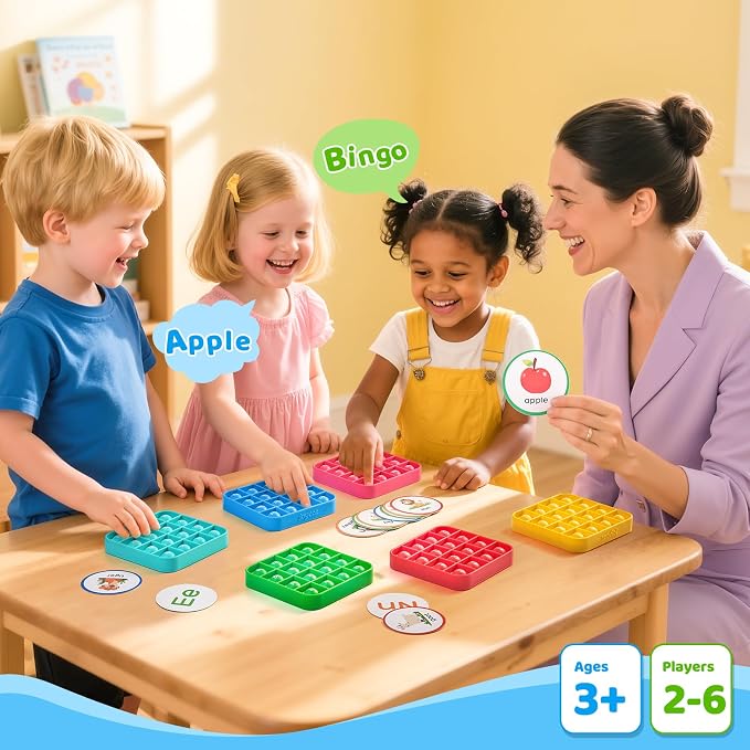 JoyCat Alphabet Bingo Game, 6 Silicone Boards & 26 Cards, Ages 3-5 | Reusable silicone boards suit preschool small groups, classroom centers, homeschool and travel play.