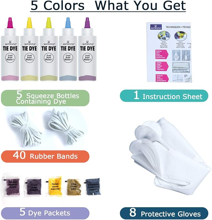 Tie Dye Kit 5 Colors Permanent Fabric Dye Art Set for Kids Adults for School, Homemade Party, Creative Groups Activities, DIY Gift | Just Add Water, Pre-Filled Dye Bottles, for School, Homemade Party, Creative Groups Activities, DIY Gift