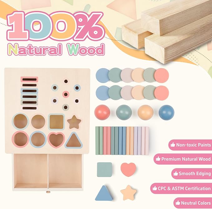 Pajojoqa Montessori Toys for 3 4 5 Color Sorting - Wooden Object Permanence Box with Drawer Sensory Toys Shape Sorter Education for Boy Girl Drop Busy Box 4 in 1