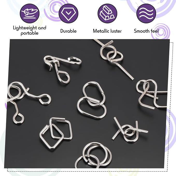 Metal Wire Puzzle Set of 8 with Pouch, Brain Teaser Puzzles IQ Test Ring Disentanglement Unlock Interlock Game Trick Metal for Party Favor Challenge(D Style)