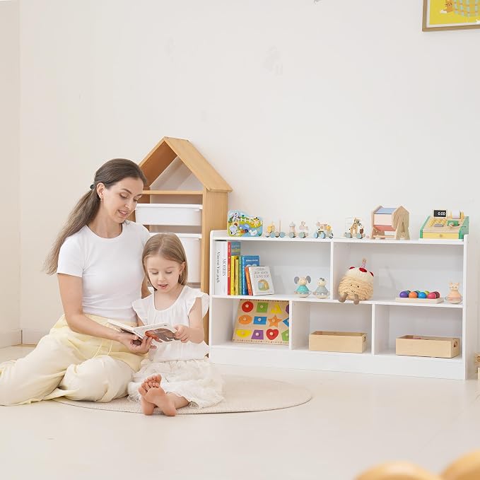 White Montessori Toy Shelf for Kids, 5-Section Storage Organizer | Open Shelving with Customizable 5-Section Layout for Kids Room, Playroom, Classroom, Books, and Toys