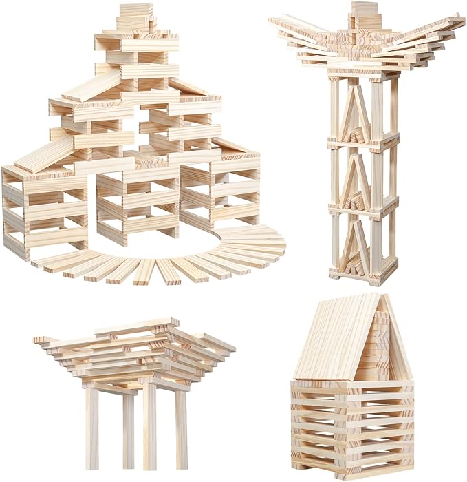 Wooden Building Blocks 100PCS Montessori STEM Toy for Kids, Solid Natural Pine Wood, Creative Shapes for 3D Space Stacking Games and Sensory Play, Stacking Blocks