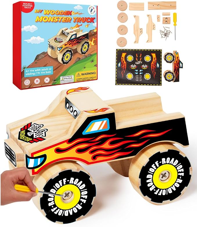 Little Jupiter DIY Wooden Kits w/Stickers - Kids Building Kit - Stem Toys for Ages 4-7 - Wood Crafts for Kids - Woodworking Kits (Monster Truck 1)