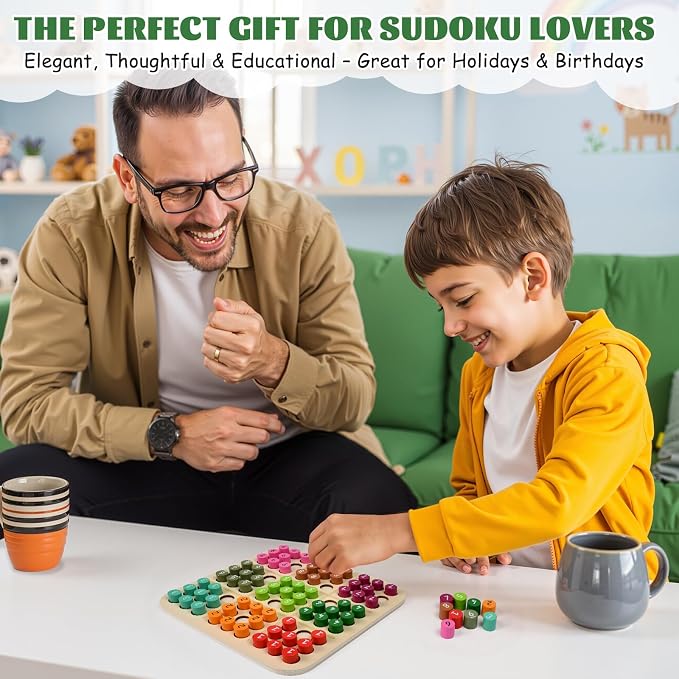 Wooden Sudoku Board Game: Math Brain Teaser Puzzle Desktop Game Train Logical Thinking Ability with 81 Pegs for Teenagers, Adult & Seniors Brain Stimulation Toys, Party Favors & Stress-Relief