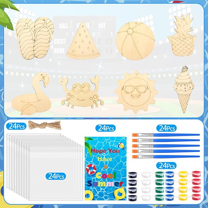 Saypacck 24 Pcs Summer Beach Party Favors Wooden Paint Craft Kits | Hawaiian Theme Kids Crafts, Includes Paints Brushes Organza Bags, Goodie Fillers for Preschool Birthday Gifts
