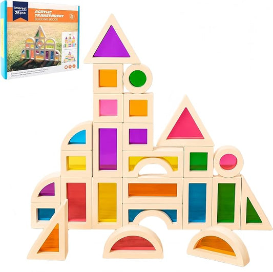 Rainbow Acrylic Blocks, 25 PCS Translucent Light Table Building Set | Montessori Sensory Toys Translucent Colorful Stacking Blocks STEM Learning Educational Toys for Toddlers Preschool Boys Girls