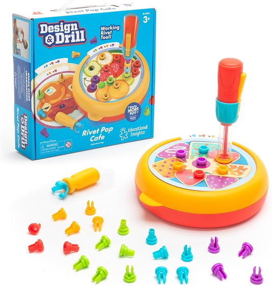 Educational Insights Design & Drill Rivet Pop Cafe - Fine Motor Toys for Toddlers 3-4, Creative Construction Toys, Pop Rivet Set with Real Tools for Kids, Toddler STEM Toy, Independent Learning