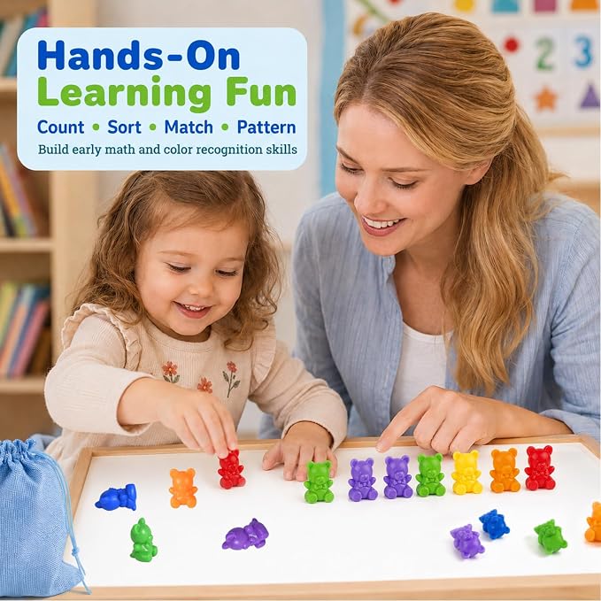 XINHUIDALSQ Rainbow Counting Bears Set of 60, 6 Colors Sorting Teddy Plastic Bears Math Manipulatives for Toddlers, 1 Inch Bear Conters Ages 3+ Kids