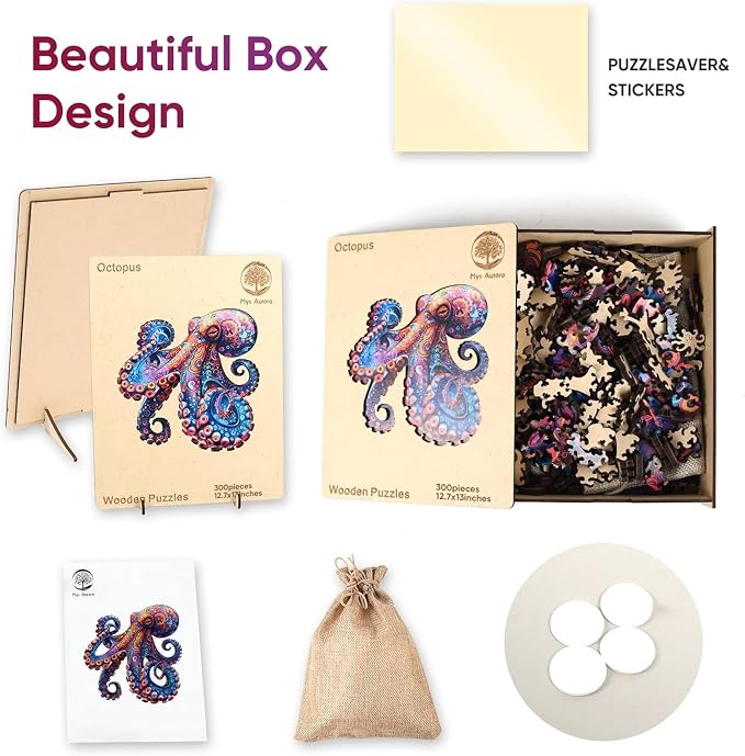 Mys Aurora Octopus Puzzles for Adults, 300 Pieces Wooden Jigsaw Puzzles | 5MM Thick Unique Shape Puzzle Ocean Wood Puzzles for Adults and Kids Birthday Gifts Family Game 12.7 x 13 Inch