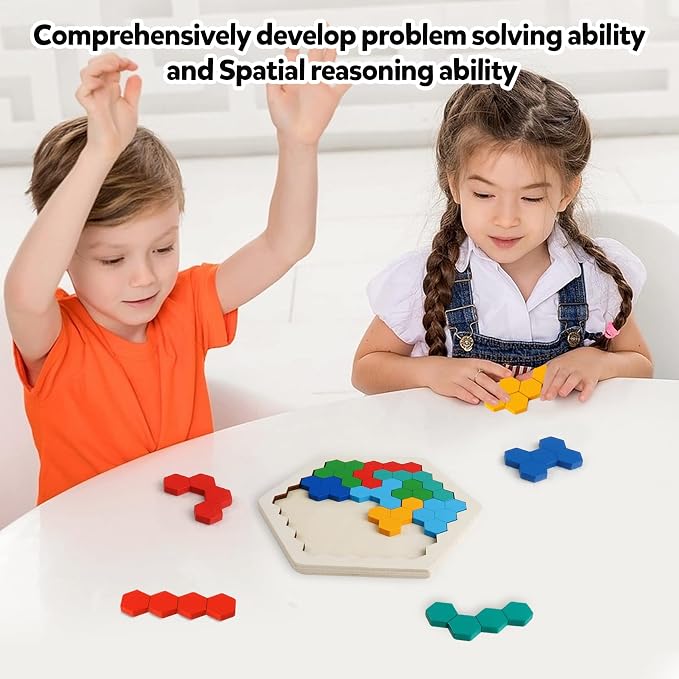 Wooden Hexagon Blocks Puzzle, STEM Montessori Brain Teaser for Kids Adults | Montessori Educational Toy, Geometric Shape Blocks, Logic IQ Game, Ideal Gift for Kids Teens Adults