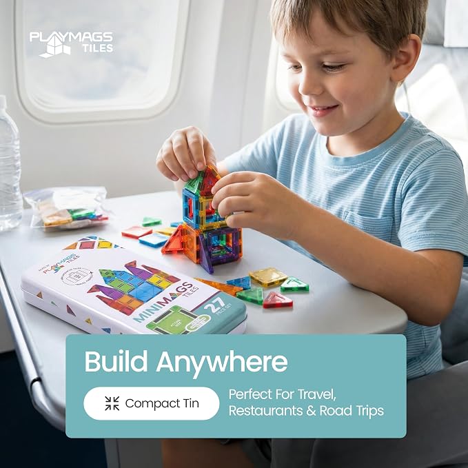 Playmags Mini Magnetic Tiles for Kids 27-Piece Set | Travel Magnetic Blocks | STEM Sensory Educational Toys | Portable Toddler Building Toys | Gift for Boys & Girls Ages 3