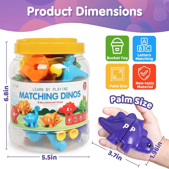 13Pcs Dinosaur Alphabet Learning Toys, Double-Sided ABC Matching Game | Montessori Preschool Educational Sensory Toy, Preschool Travel Activities, Christmas Birthday Gifts for Boys Girls