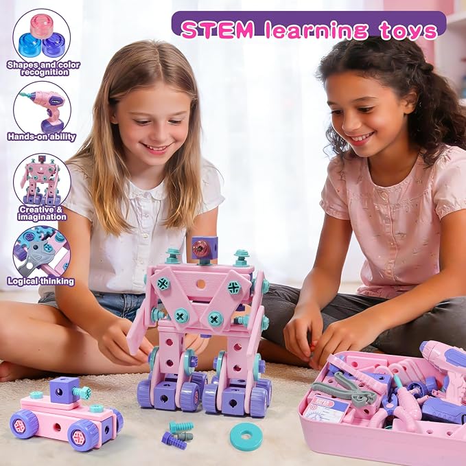 VEAIS Pink Kids Tool Set for Girls,Tool Set with Drill &Toolbox,STEM Montessori Toys for 3 4 5 Year Old,Pretend Play Kid Toy,Educational Construction Toy for 3-6 Year Old Girl,Birthday Gift for Kids