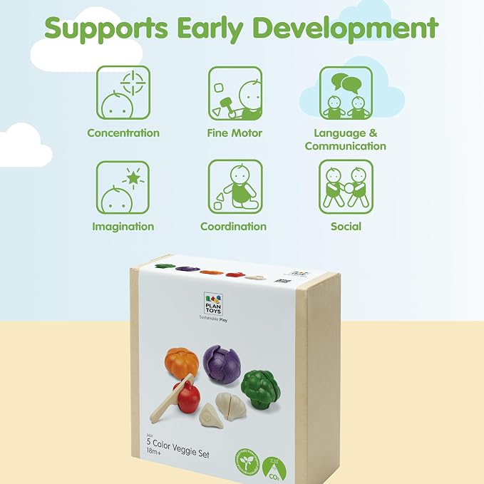 PlanToys 5 Wooden, Colorful Vegetable (Veggie) Food Playset (3431) | Sustainably Made from Rubberwood and Non-Toxic Paints and Dyes. | broccoli, pepper, pumpkin, garlic, cabbage, kids kitchen playset, girls, boys, fine motor imaginative role play gift set