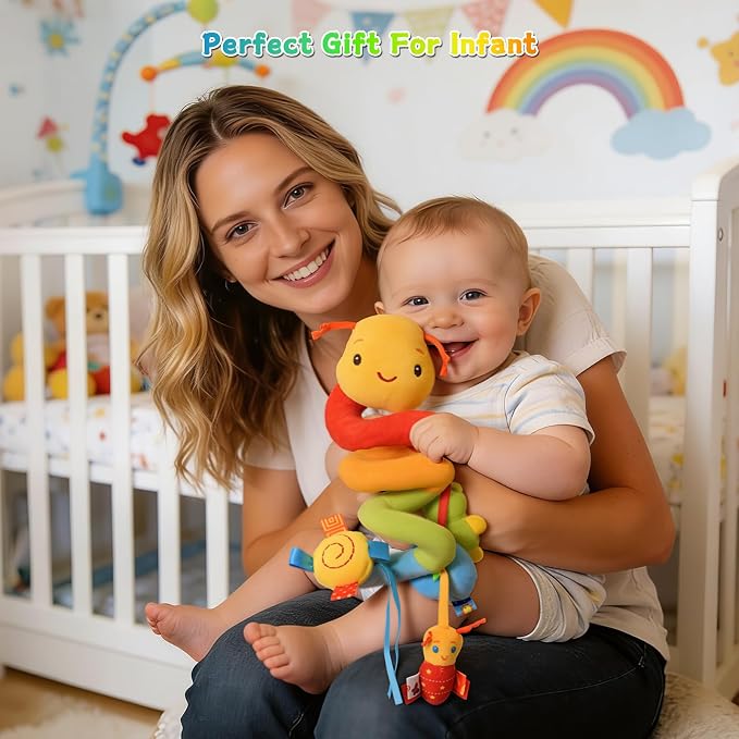 Spiral Car Seat Toys for Babies 0-12 Months | Baby Sensory Soft Plush Hanging Toys, Stroller Crib Accessories, Essentials for Expecting Moms, Baby Shower Registry Gift
