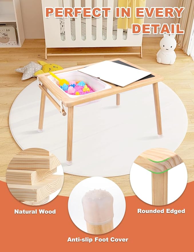 Kids Sensory Table，Sensory Activity Table with Paper Roll Stick & Double-Side Board，Toddler Play Sand Table with 3 Storage Bins，Indoor Outdoor Boys Gilrs