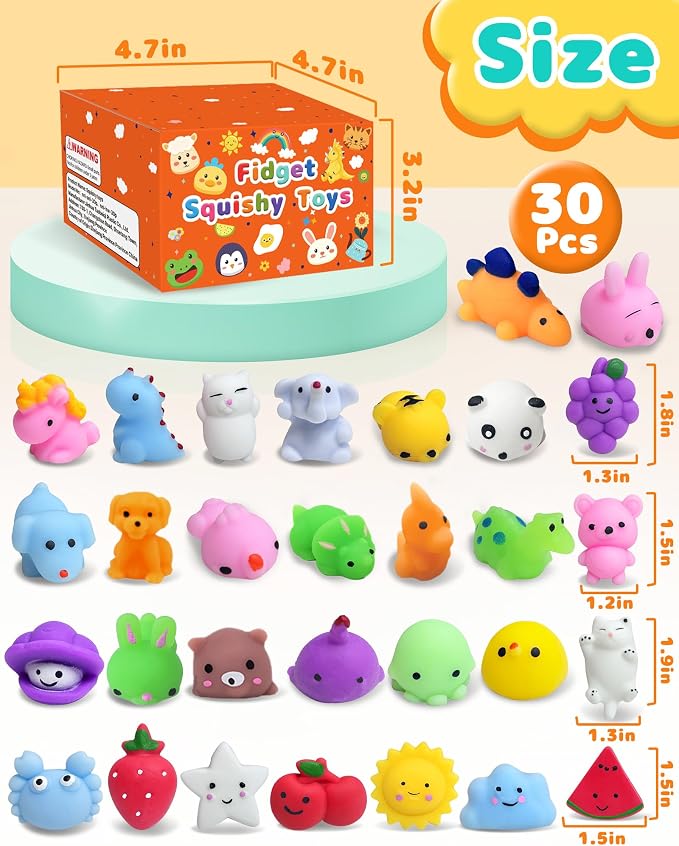 30 Pack Kawaii Squishy Toys, Fidget Party Favors for Kids 3-5, 4-8, 8-12 | Treasure Box Toys for Students, Classroom Prizes, Mini Birthday Gifts, Goodie Bag Stuffers, Bulk Fidget Squeeze Toy