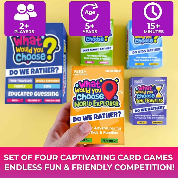 QUOKKA Board Games for Kids 8-12 – 4 Set Family Games for Kids and Adults – What Would You Choose – History, Geography, Kid, Family – Do We Rather – Fun Card Game for Families and Teens