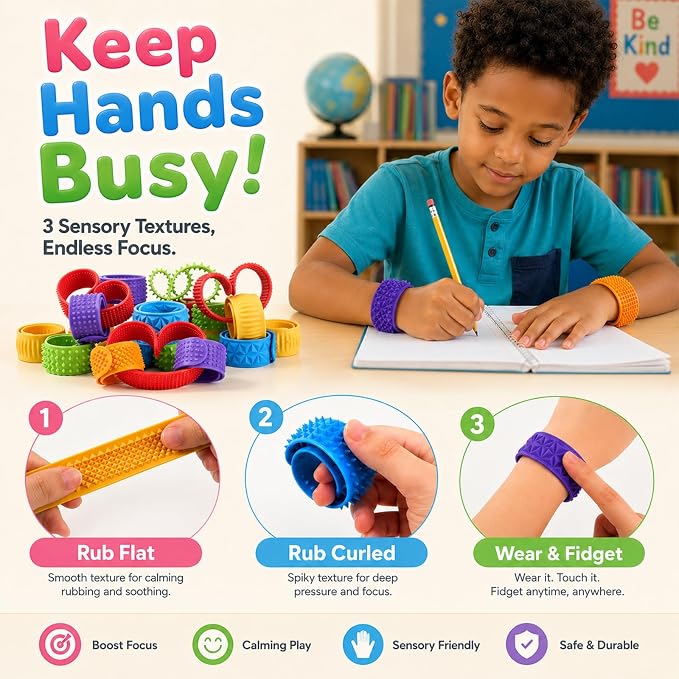 KLT 32 Pack Sensory Slap Bracelets Bulk | Textured Silicone, Stress Fidgets for Kids Adults Teens, Wearable Sensory Toys, Bulk Fidgets for Classroom Birthday Party