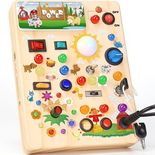 RichBoy Busy Boards, Lights Switch-Style, Wooden, 37-in-1, Medium | Toddlers Birthday Gifts, Montessori Toys, Autism Sensory, Fine Motor Skills, Educational Learning, Travel Essentials