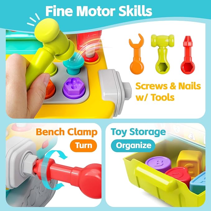 iPlay, iLearn Toddler Musical Workbench Toy, 1 Year Boy Gift, Baby Tool Set | Infant Shape Sorter Activity, Kid Pounding Game, Toddler Learning Toy, 1st Birthday Gift 12 18 24 Month Girl Age One 1 2 3 Yr
