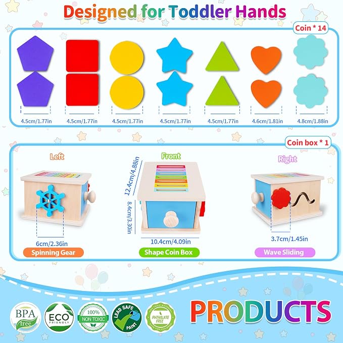 FCSONU Montessori Sorting Box Toys for Toddlers 1-3, Fine Motor Skills Toys | 3in1 Learning Color Sorting Toys Sensory Toys, Shape Sorter | Coin Box Toy, Easter Christmas Birthday Gifts for Boys Girls