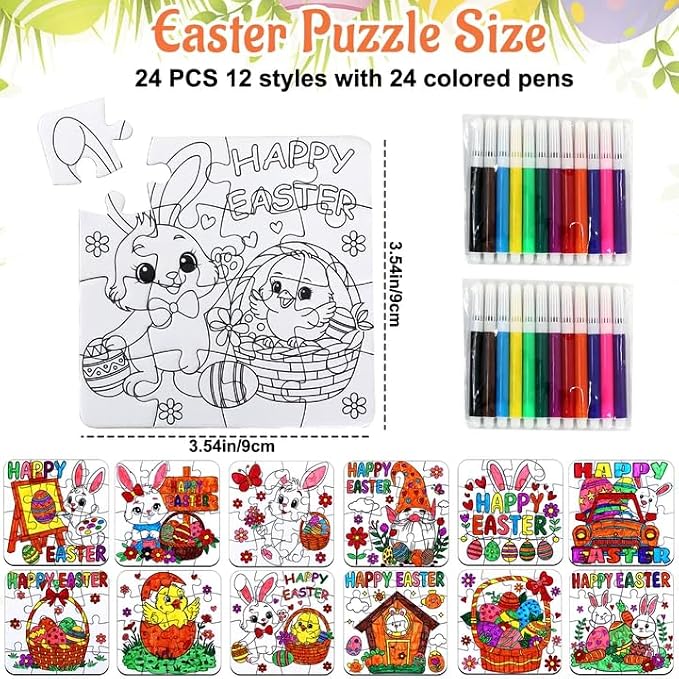 24 Pcs Easter Crafts Puzzle for Kids & Adults, Easter Gifts DIY Jigsaw with Egg Bunny Basket Flower, Spring April Arts and Craft for Party Favors Classroom Activities Coloring Games & Paper Toy Bulk