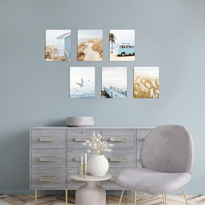 HOURIA 6Pcs Coastal Beach Canvas Wall Art(12”x16”), Summer Blue Ocean Sand Seascape Wall Decor,Vintage Cabin Camper Van Boardwalk Seagulls Art Print for Farmhouse Living Room Bedroom Office
