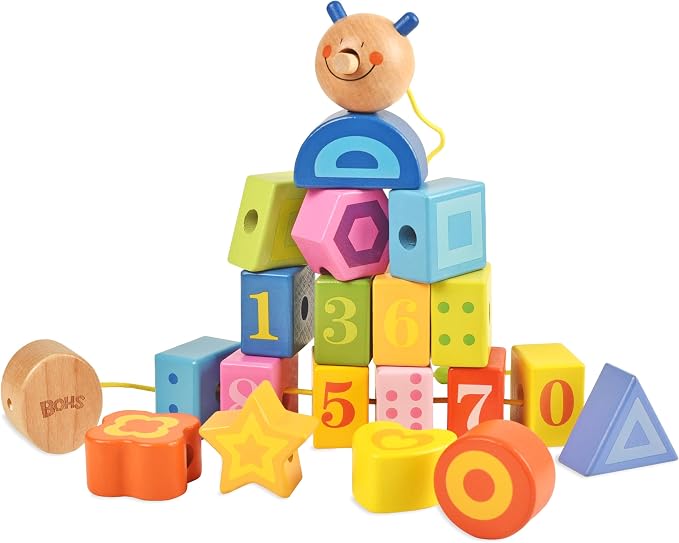 Caterpillar Lacing Toy, Wooden Threading & Stacking Beads for Toddlers | Nine numbered blocks among the 20; varied shapes and colors; counting, fine motor skills, dexterity and hand-eye coordination