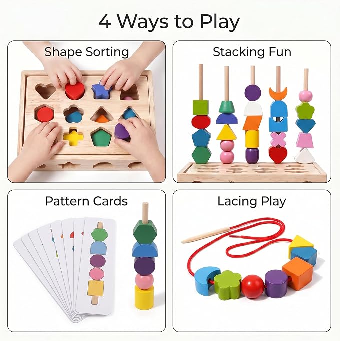 Sorting Stacking Sequencing Lacing Beads Toy with Pattern Cards | 4 in 1 Montessori Wooden Shape Sorter Toy, Fine Motor Skills Learning Toy for Toddlers Preschool Boys Girls