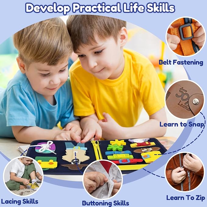 Toddler Busy Board Montessori Toys – Sensory Busy Book, Educational Learning Travel Toy for Airplane & Car, Keeps Toddlers Entertained, Birthday Gifts for Toddler Boys Girls (Blue/P8)