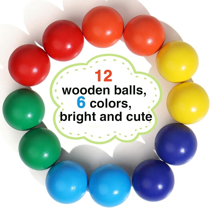 Wooden Rainbow Ball 12 Pcs Montessori Balls Toy 1.8 Inch Wooden Replacement Ball Educational Counting Toys Preschool Learning Material for Montessori