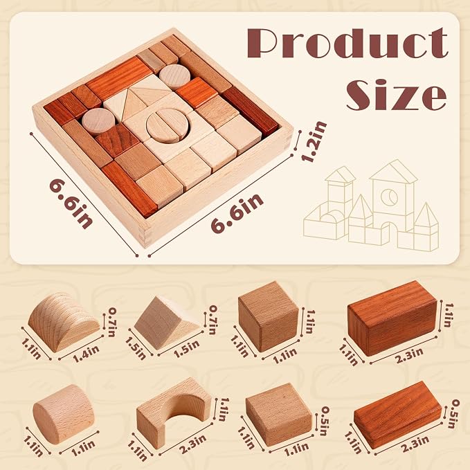 Adena Montessori 29-Piece Wooden Blocks Set, 3+ | Natural wood, 29 geometric solids for sorting, stacking & building. Boosts spatial reasoning & motor skills.