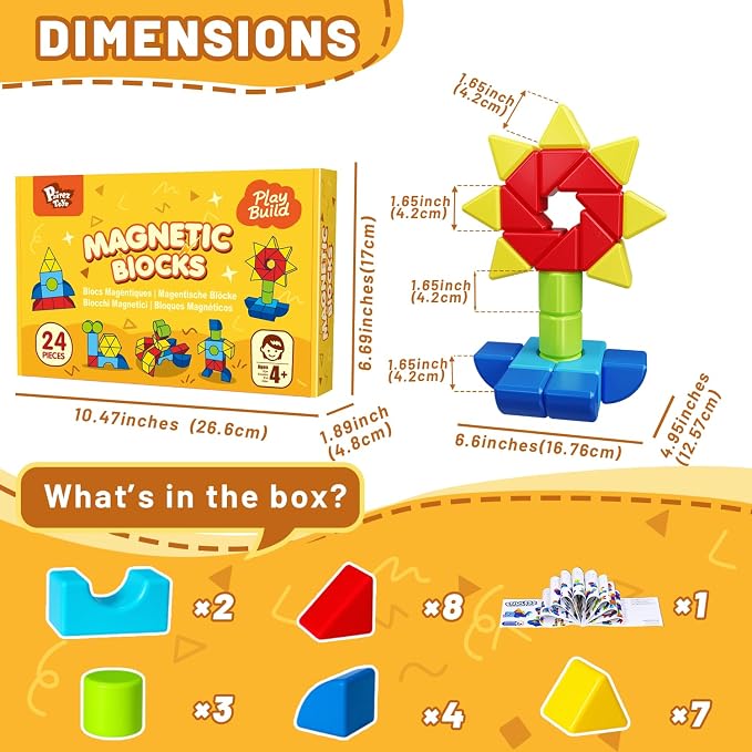 Pairez Toys Large Magnetic Building Blocks for Kids. 24pcs Magnet Toys | Magnetic Blocks Set in 5 Shapes & 5 Colors, 1.65in Large Build & Play Toy, Educational Learning Gift for Boys Girls Ages 4-8