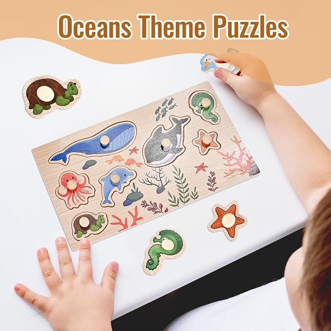 Wooden Peg Puzzles for Toddlers 1-3, 2 Pcs Montessori Puzzles, Animal & Sea Themes Puzzles, Great Preschool Educational Learning Gifts for Girls and Boys