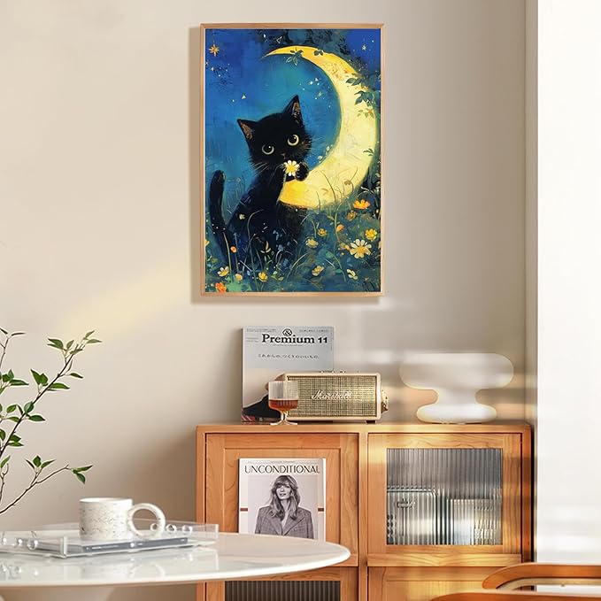 Fountor Black Cat Framed Paint by Numbers Kit for Adults Beginner 8x12 Inch | For Adults & Kids Ages 8-12, DIY Acrylic Painting, Moon Paint by Number with frame, Stress Relief Home Wall Decor Gifts