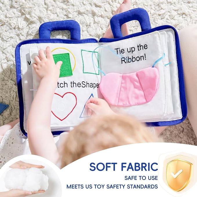 Jollybaby 10 Page Baby Soft Busy Books -My Quiet Book, Travel Toy & Montessori Sensory Educational, Preschool Learning Activities Toy for 1 2 3 Year Old Toddlers Boy Girl(Blue)