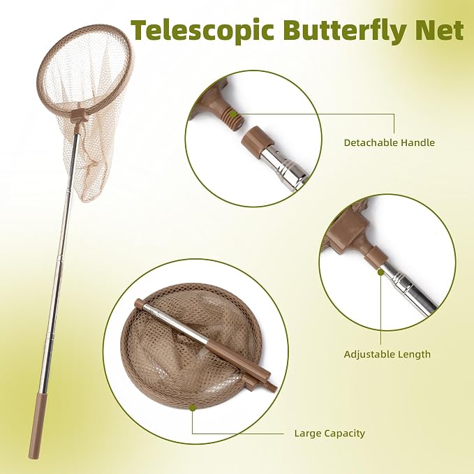 11Pcs Wooden Bug Catcher for Kids, Outdoor Explorer Bug Catching Kit | Butterfly Net for Kids with Bug Habitat, Magnifying Glass & STEM Guide, Adventure Set for Backyard & Camping 3+ Years