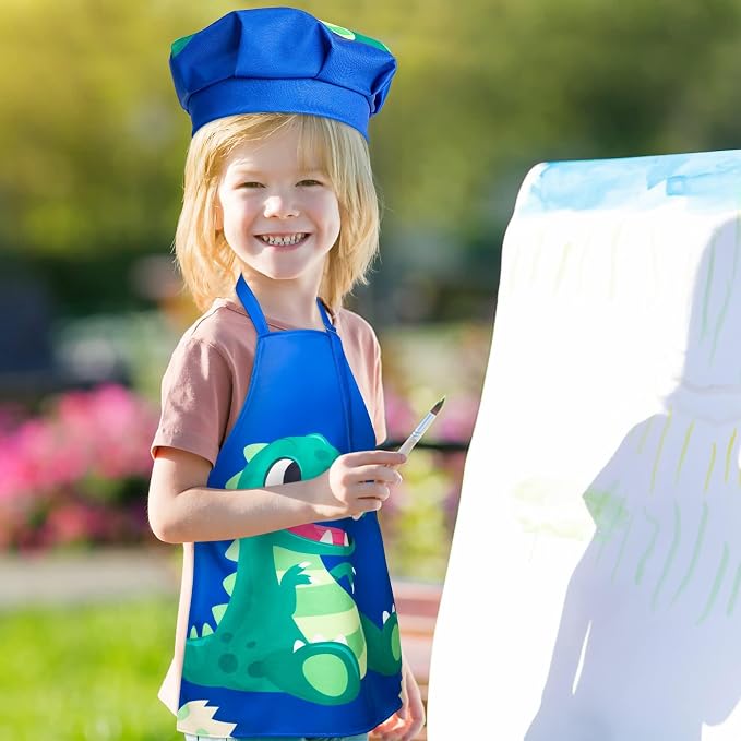 R HORSE 2 Pieces Kids Apron and Chef Hat Set, Dress up Role Play Chef Toy | Adjustable Blue Dinosaur Kitchen Apron Set, Ideal for Cooking, Baking, Painting, and Training, Birthday New Year Cooking Gift
